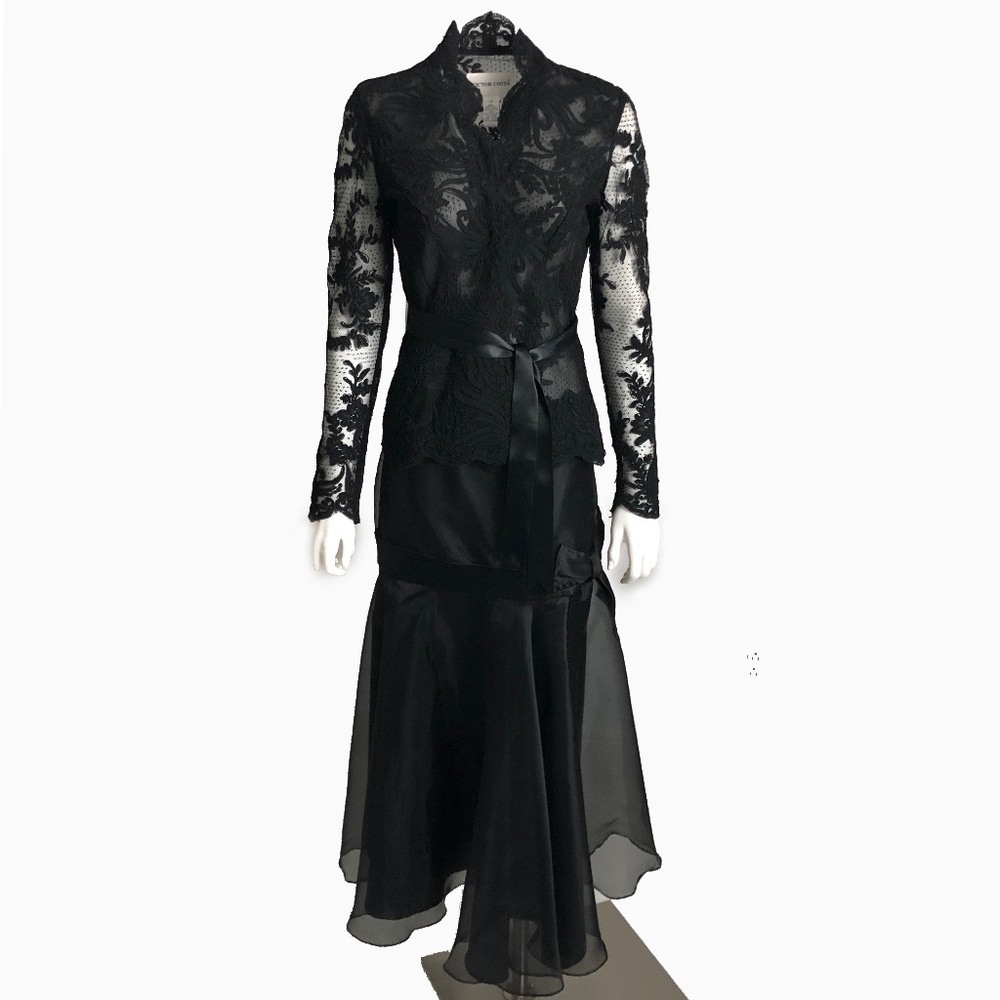 Victor Costa Black Lace Jacket & Skirt Set 2pc Vintage Formal Cocktail Party 4/S